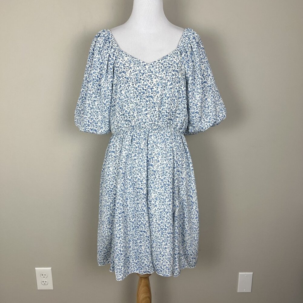 Mikarose Dress Womens Large Blue Floral Puff Sleeve Milkmaid‎ Smocked Pockets L